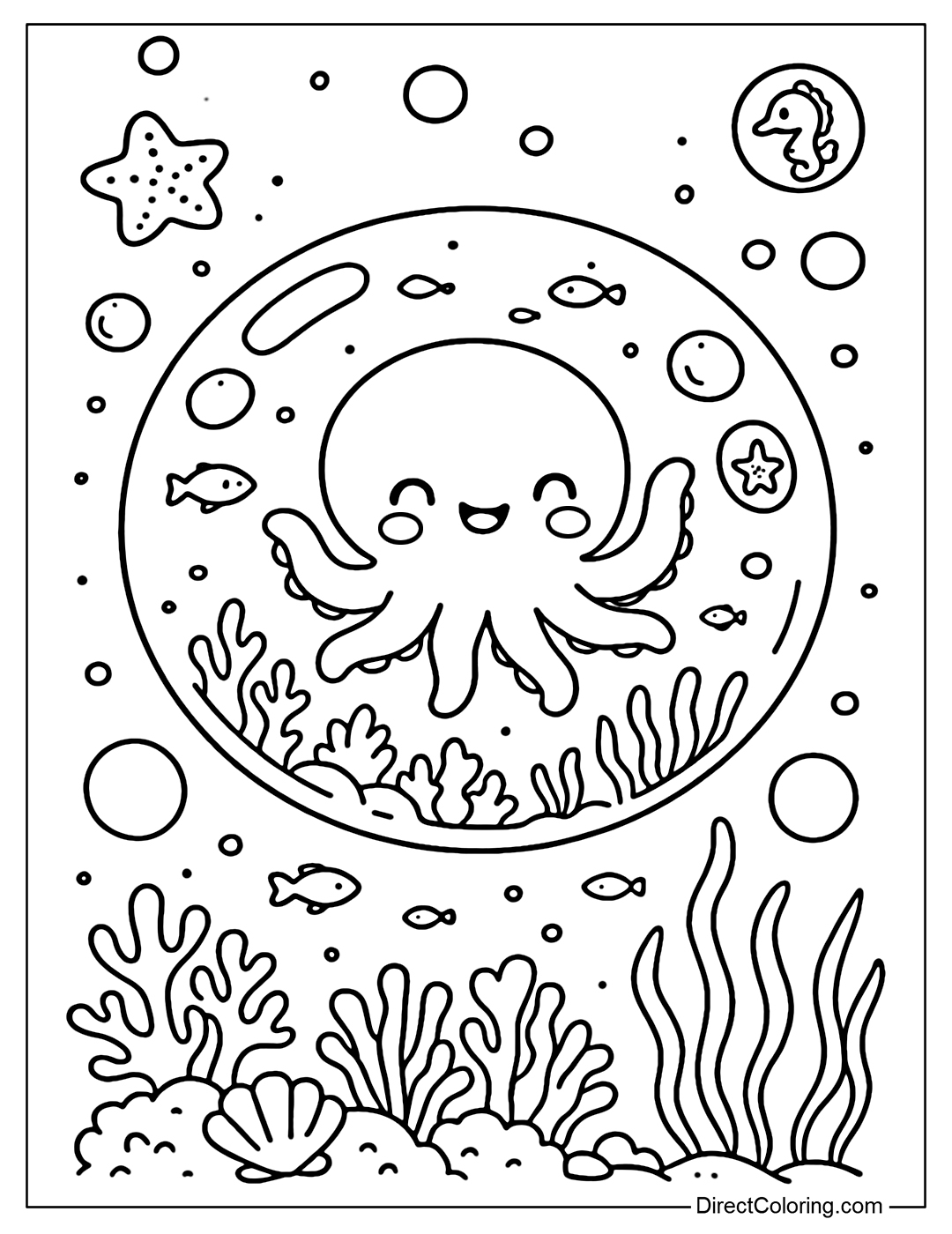 A coloring page of a large soap bubble containing a happy baby octopus, raising its small tentacles. Outside the bubble is a large coral reef scene, a few small fish swimming, seagrass swaying in the waves.