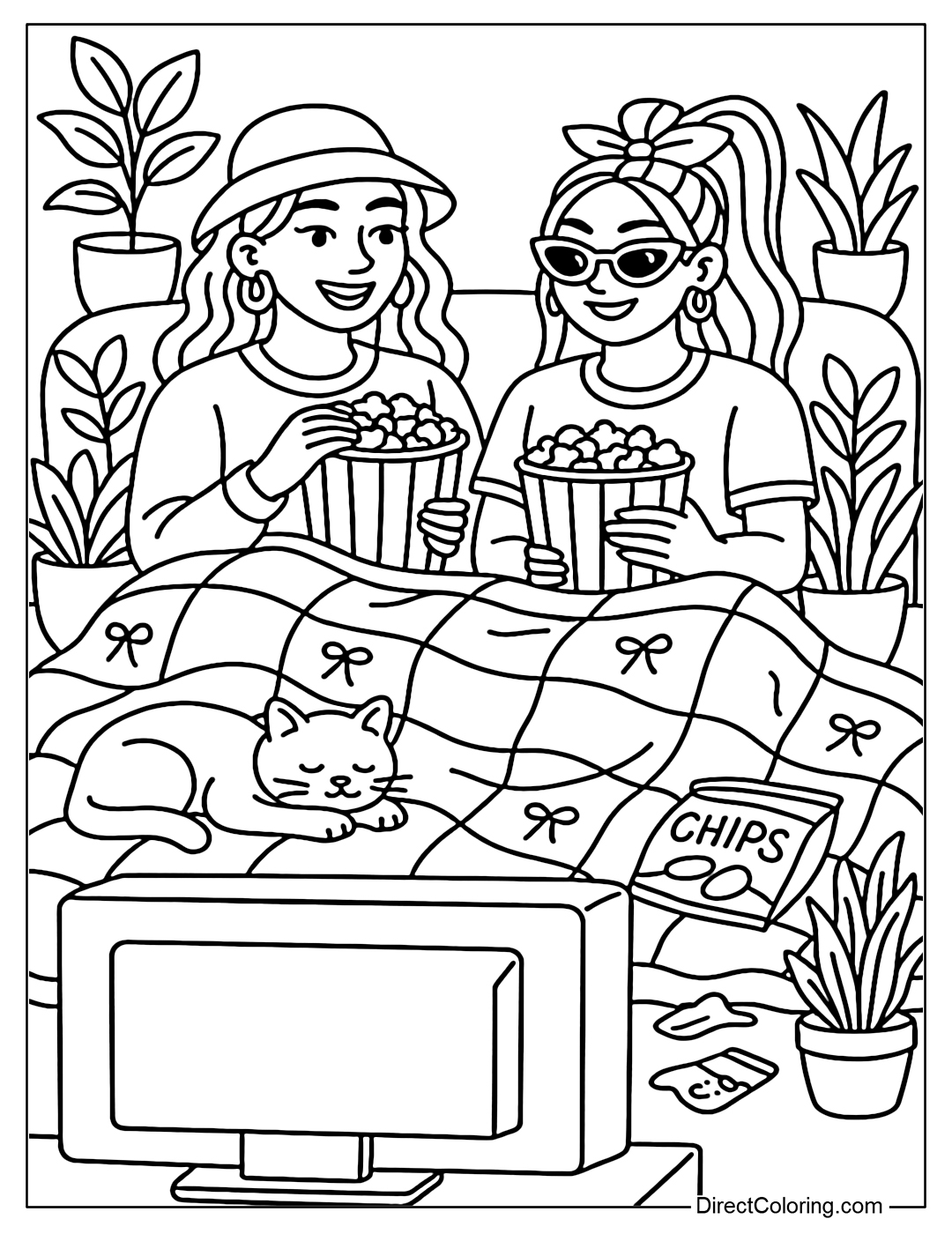 Coloring page of two girls hugging popcorn sitting in front of the TV screen, surrounded by a blanket, a cat and snacks.