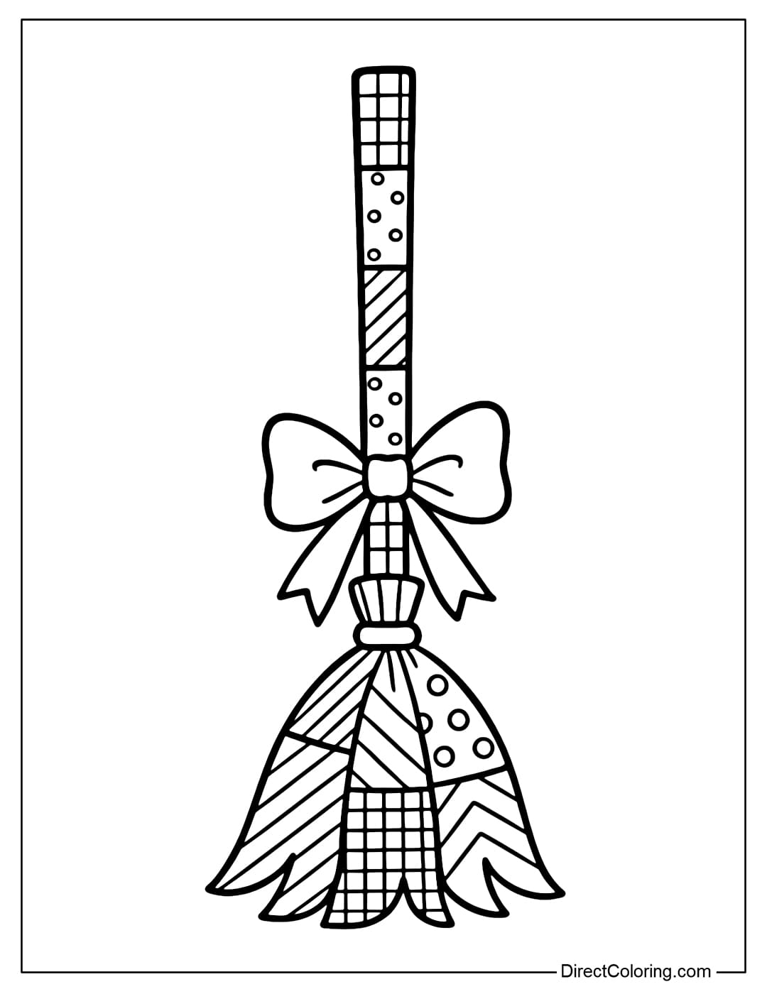 A witch broom coloring page, the handle and broom hair are divided into patchwork pieces, with a ribbon tied with a bow.