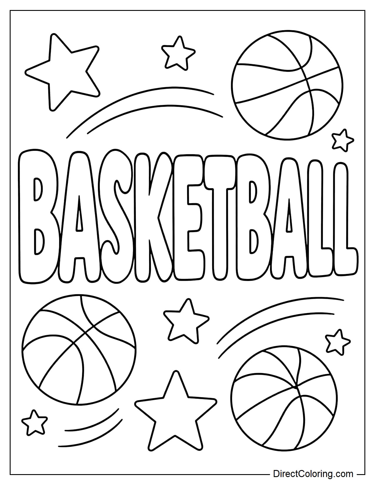 The word BASKETBALL is placed in large letters in the center of the page, each letter thick and clear, easy to color, surrounded by a basketball, stars, and some curves.