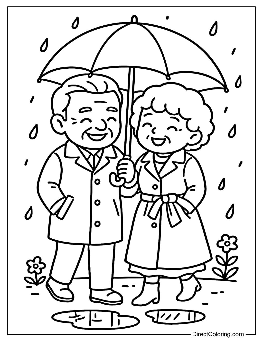 Grandparents sharing an umbrella, walking in the gentle spring rain, surrounded by blooming flowers and small puddles.