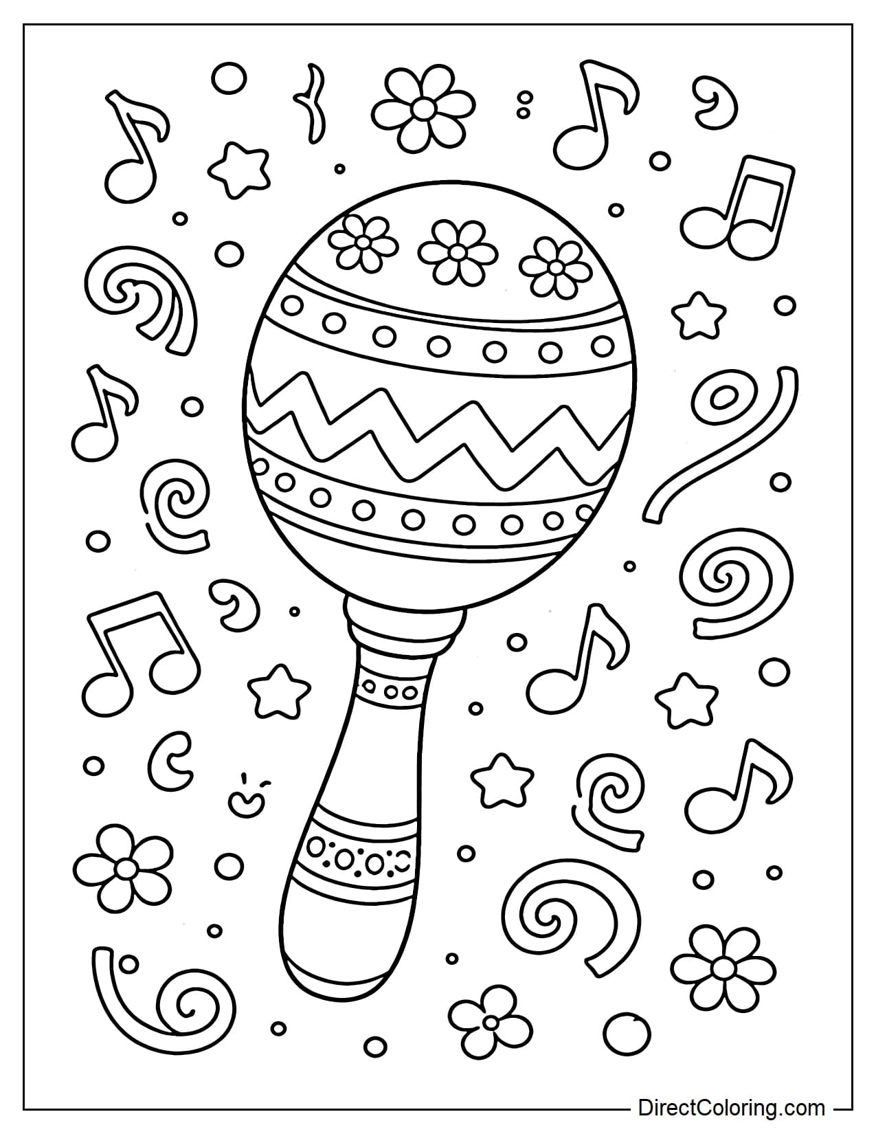 A large maraca decorated with flowers and zigzags, surrounded by musical notes, flowers, stars, and swirling ribbons.