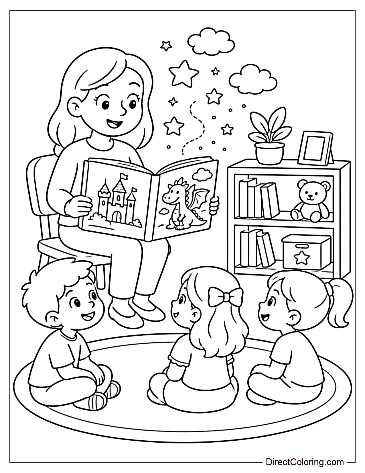 A friendly teacher sits in a chair and reads a large storybook to three students sitting on the mat listening. Behind them is a low bookshelf, with a few imaginary stars and clouds floating out from the book.