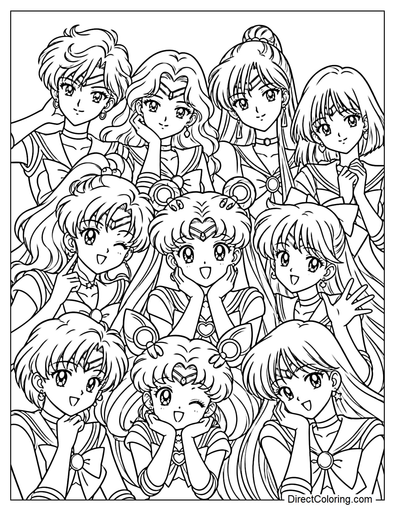 The ten Sailor Guardians from Sailor Moon: Sailor Moon, Sailor Mercury, Sailor Mars, Sailor Jupiter, Sailor Venus, Sailor Chibi Moon, Sailor Uranus, Sailor Neptune, Sailor Pluto, and Sailor Saturn, pose closely together in a half-body group portrait, as if taking a memorable group photo. All ten characters face forward with cheerful, friendly smiles.