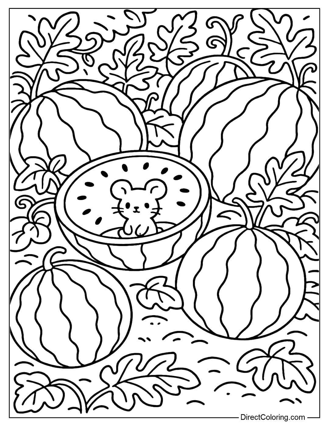 A giant watermelon garden coloring page. A tiny mouse sits in the heart of the melon like a small room.