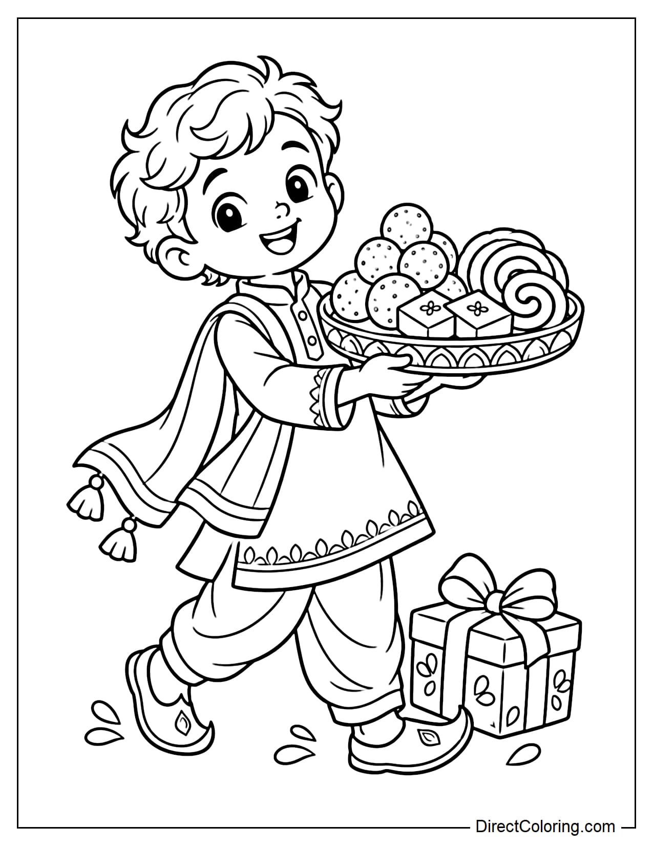 A cheerful Indian boy wearing a kurta walks while carrying a tray filled with ladoo, barfi, and jalebi. His scarf flows gently behind him, and a ribbon-wrapped gift box sits nearby.