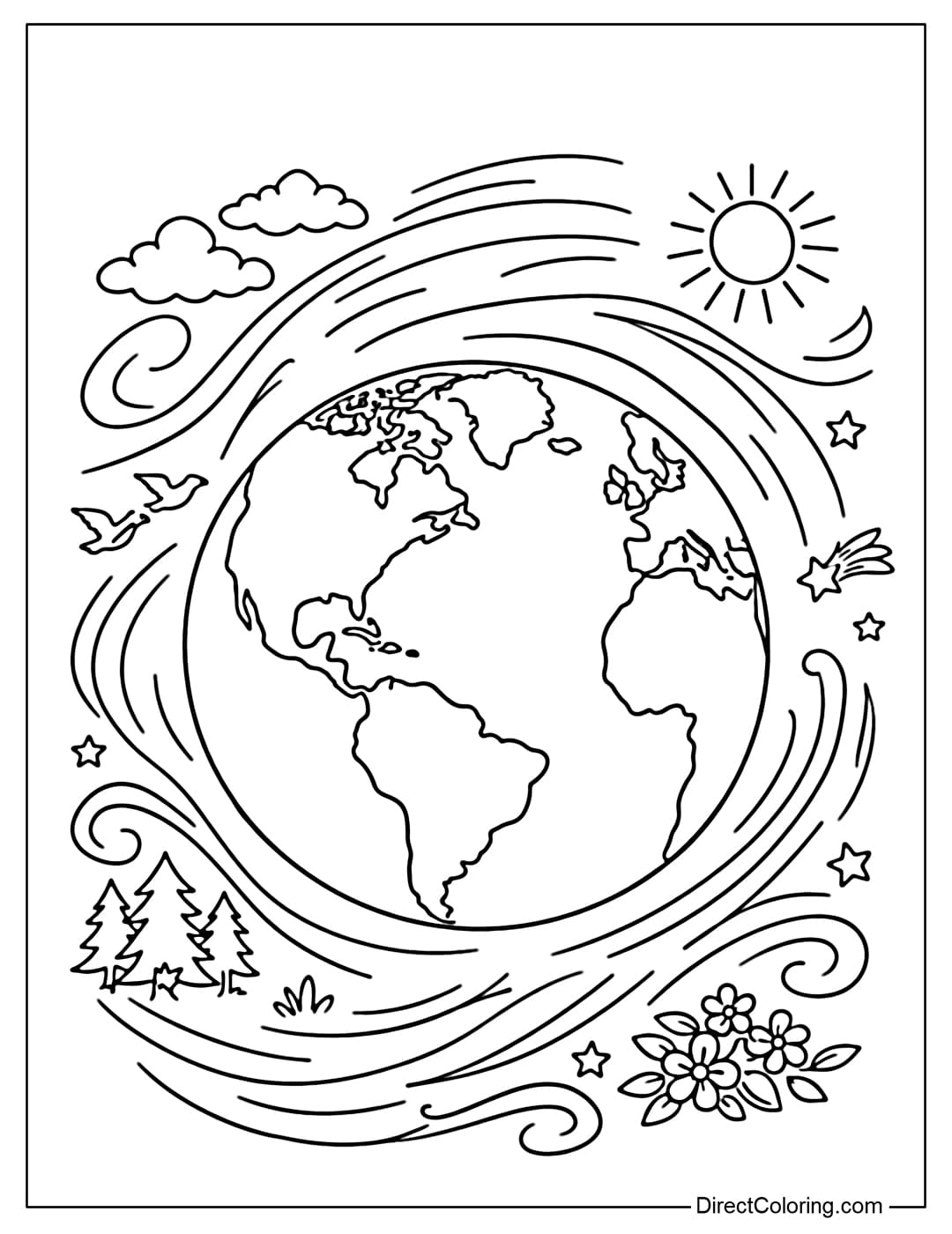 Coloring page of a large Earth in the center with gentle swirling lines around it, resembling natural energy.
