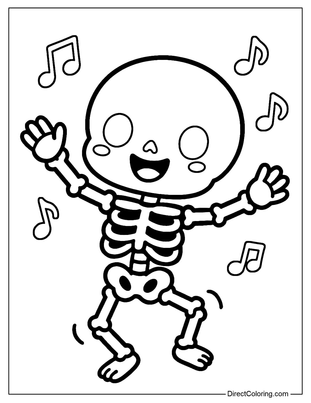 Coloring page of a small skeleton dancing happily, hands raised high, a bright smile on its face, and a few floating musical notes around it.