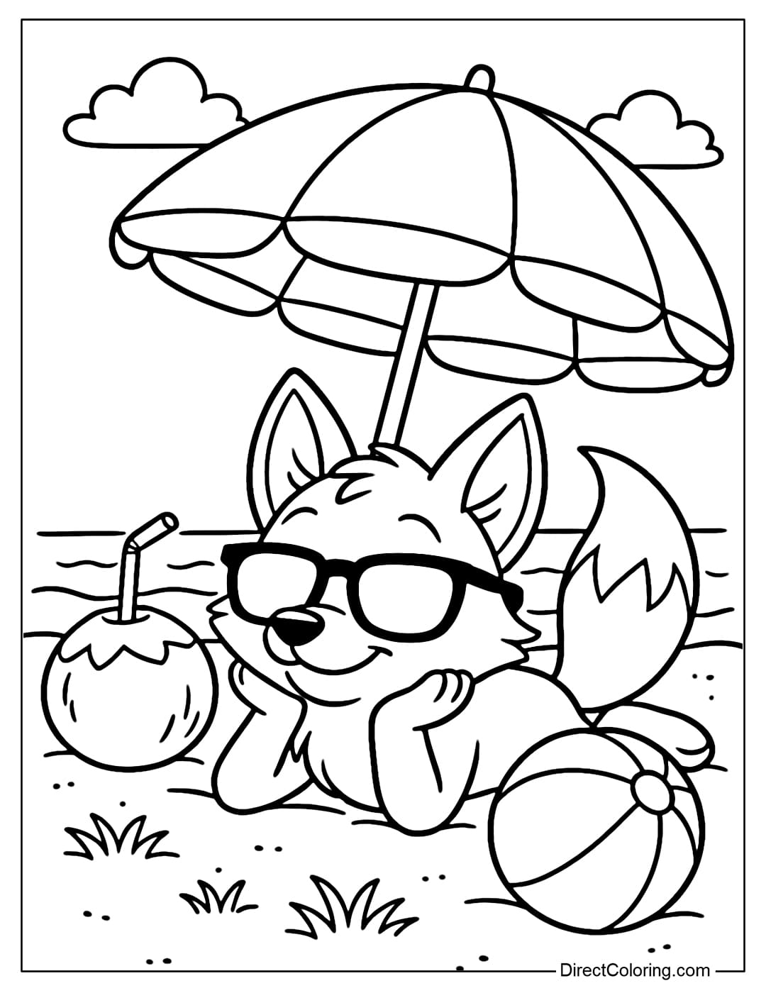 A cartoon fox lying under a sun umbrella on the beach, wearing sunglasses, next to a coconut and a ball.