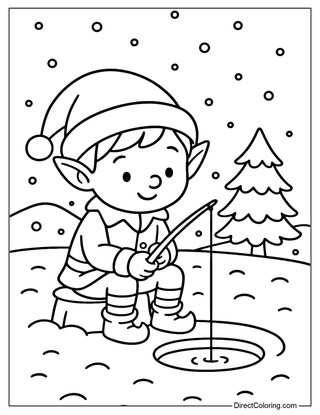 A coloring page of an elf fishing on a frozen lake, next to a small pine tree.