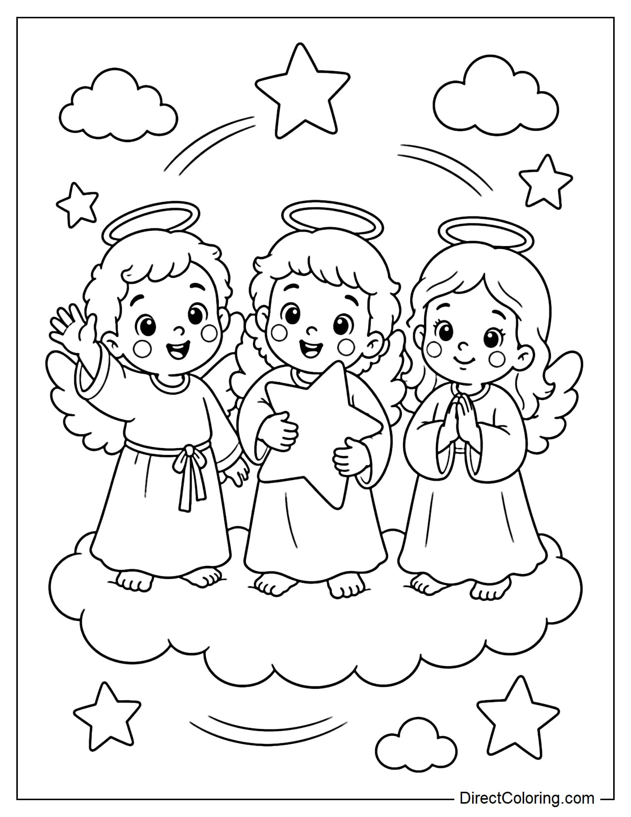 A group of three little angels stands side-by-side on a cloud; one waves, one hugs a star, and one has their hands clasped in prayer, surrounded by clouds and stars.