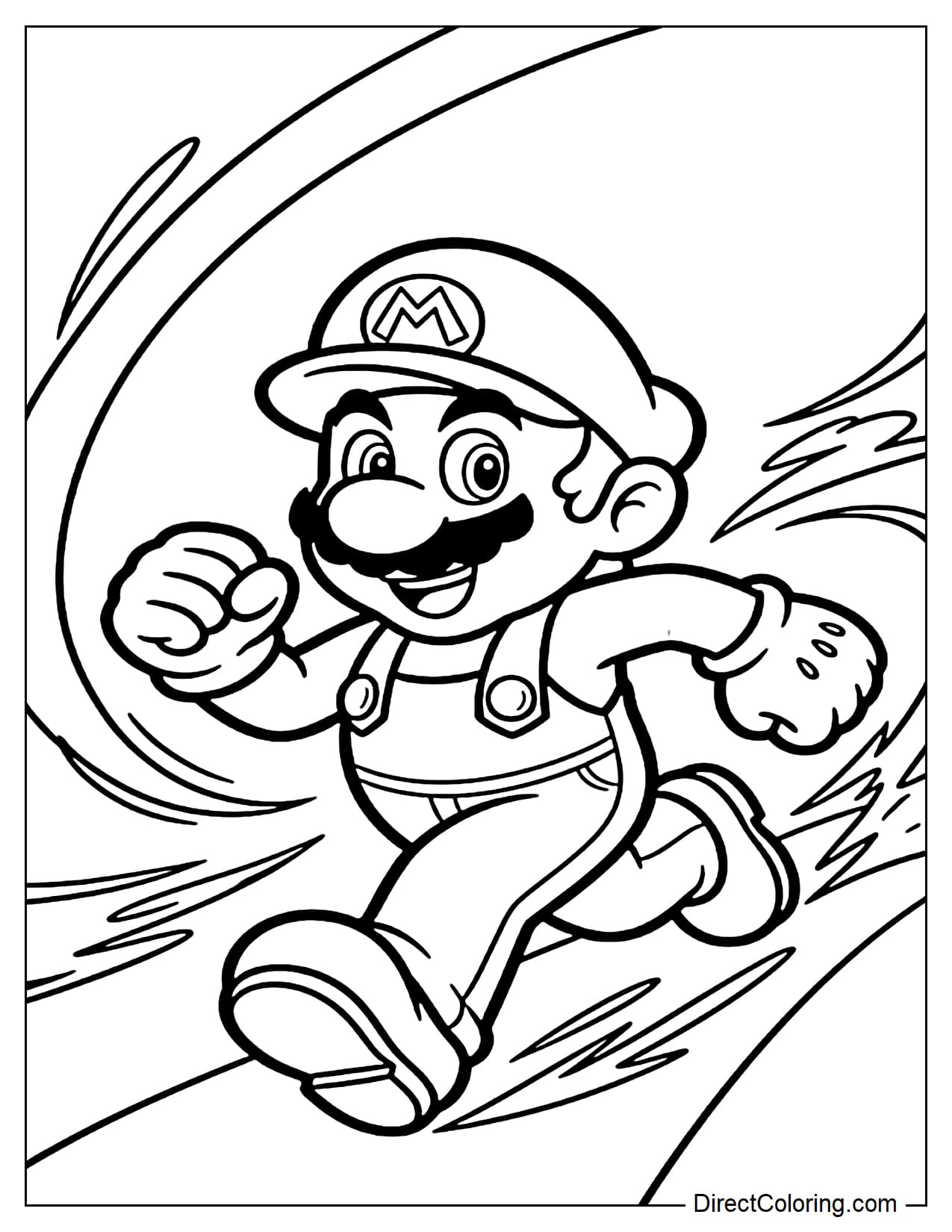 Mario runs forward in an energetic pose, with a few curved motion lines around him.