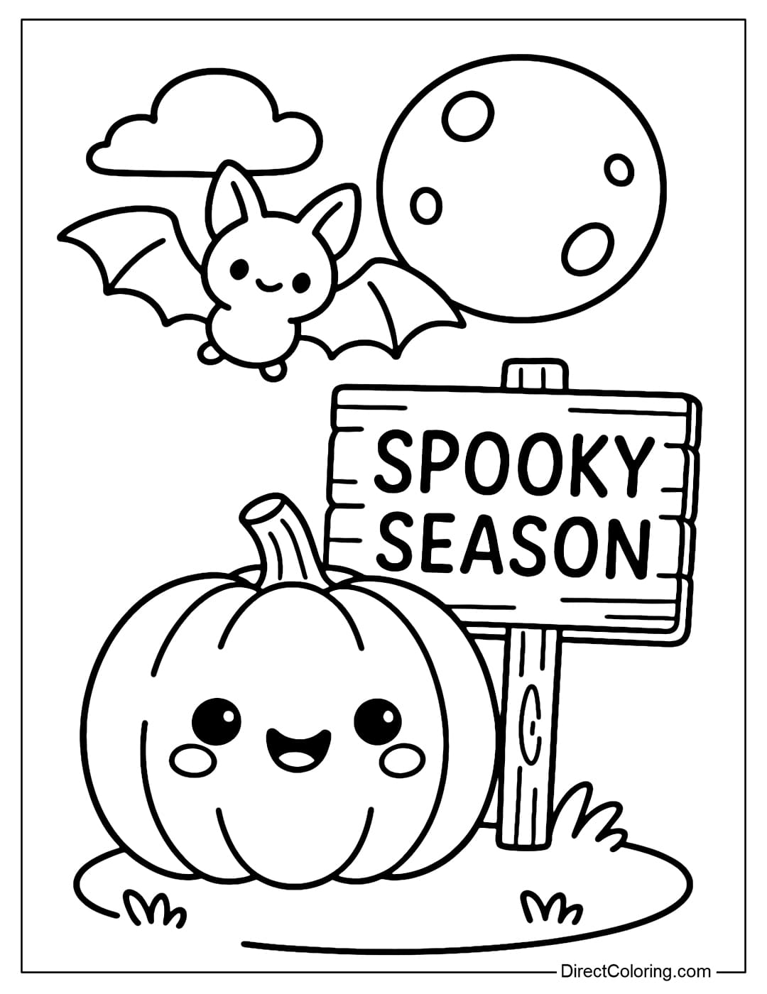 A Halloween pumpkin coloring page shining under the full moon, next to it is a large bat flying, behind the wooden board is written 