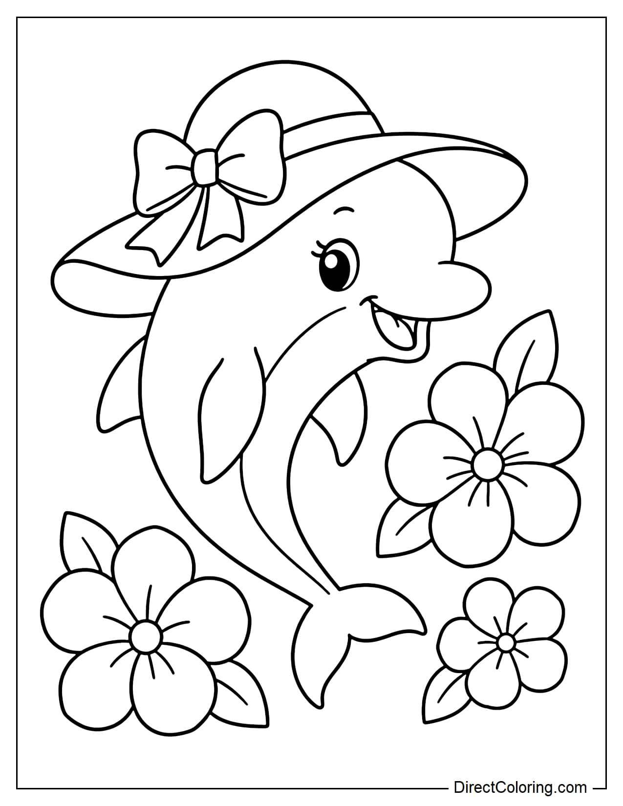A dolphin is wearing a large, wide-brimmed hat decorated with a pretty bow and some large flowers.