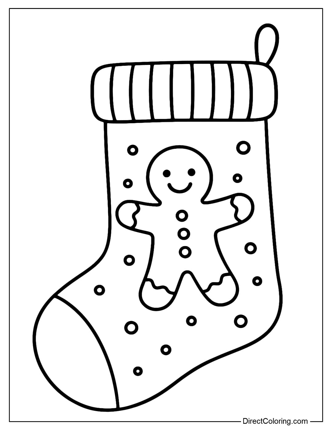 A coloring page of a stocking with a gingerbread man in the middle, arms outstretched, a smiling mouth, and an icing border.