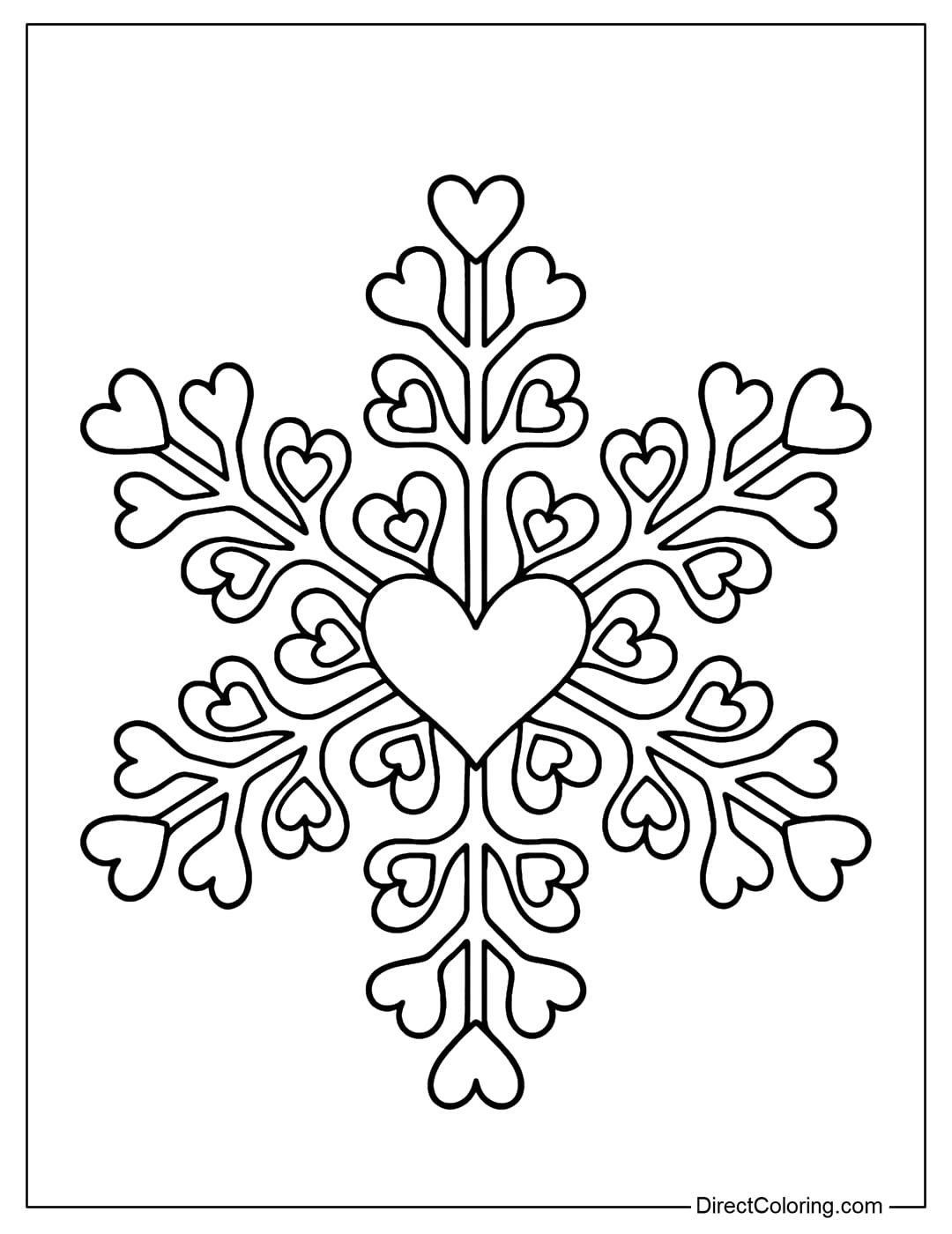 A coloring page of a snowflake with repeating heart patterns on each branch, a central heart, and several small hearts interspersed at the tips of the petals.