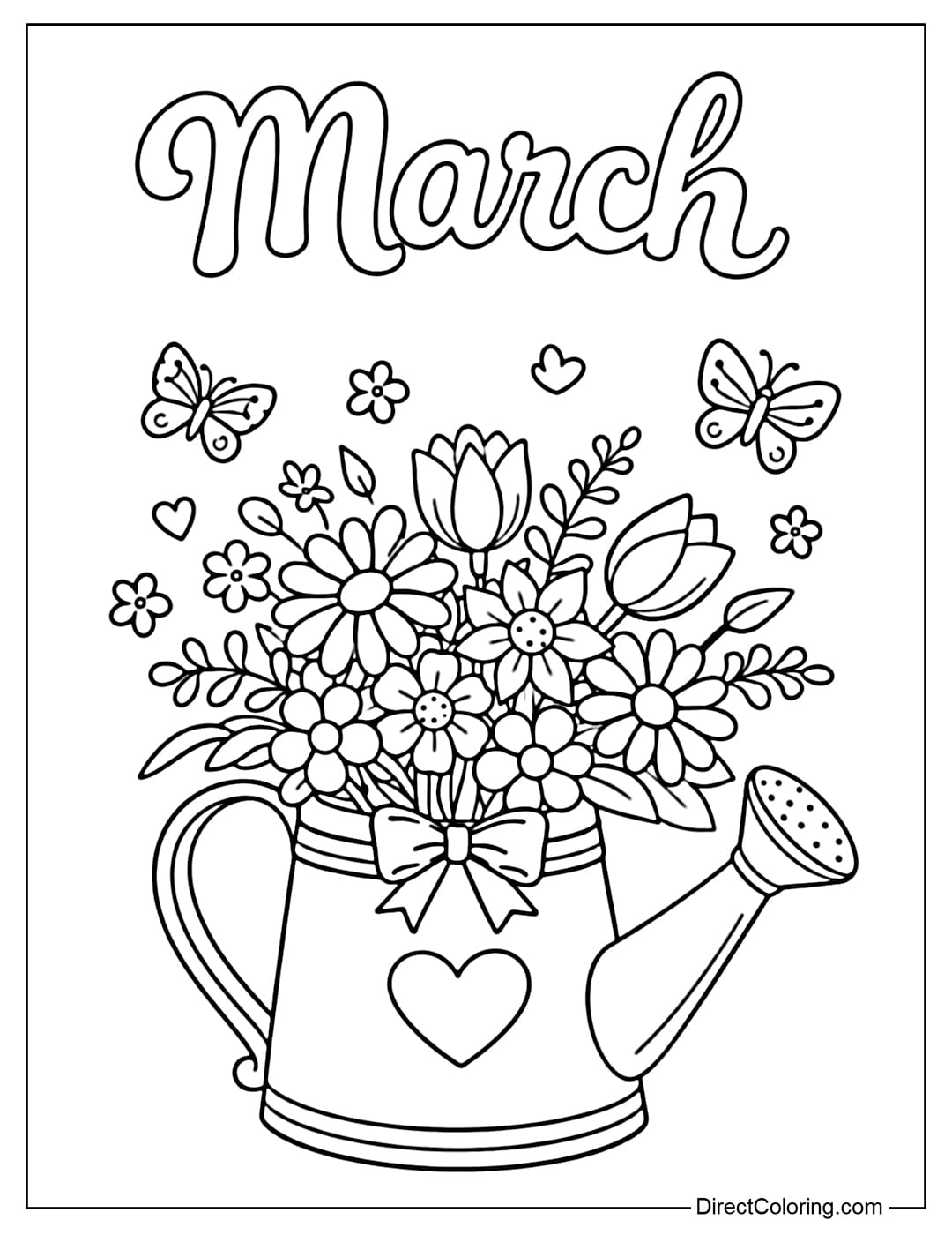A coloring page of a cute watering can filled with spring flowers, topped with the word 