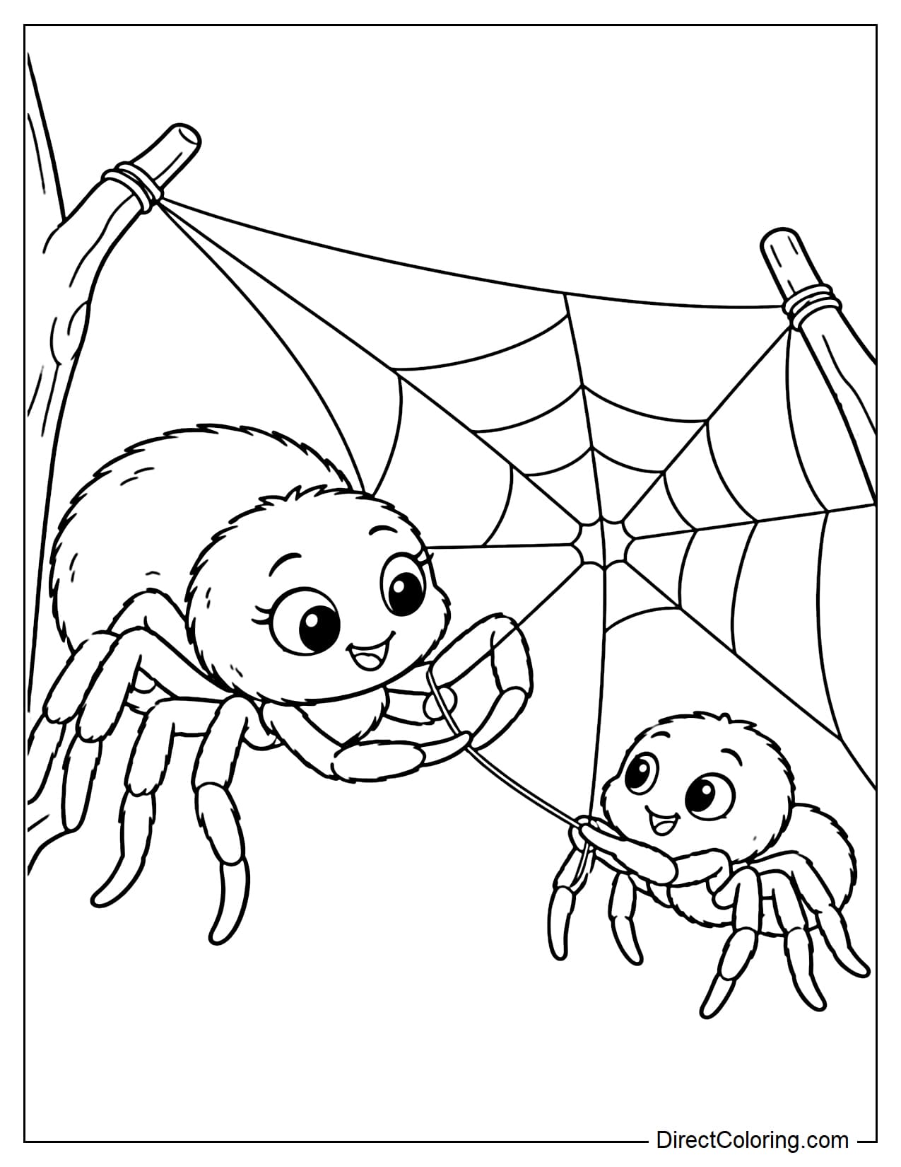 A mother spider teaches her baby spider to stretch a strand of silk between two small branches.