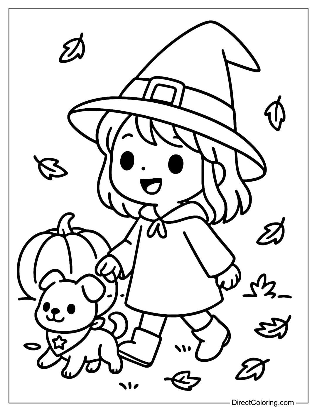 A coloring page of a little witch walking a little dog in the Halloween garden.