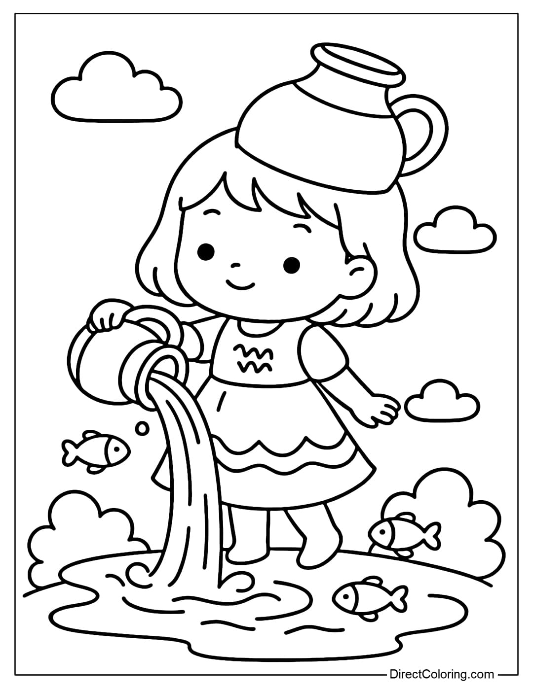 Aquarius coloring page wearing a wavy skirt, a water pitcher hat, and pouring a pitcher into a small waterfall, surrounded by white clouds and a few fish swimming around.