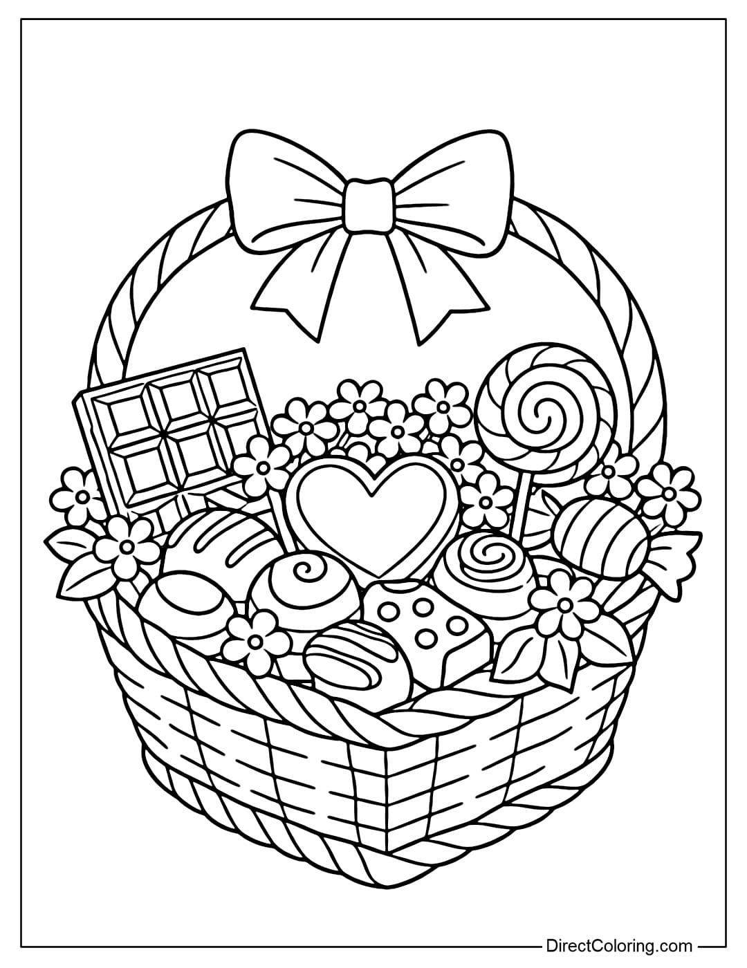Coloring page of a heart-shaped gift basket filled with chocolate, candy, and small flowers.
