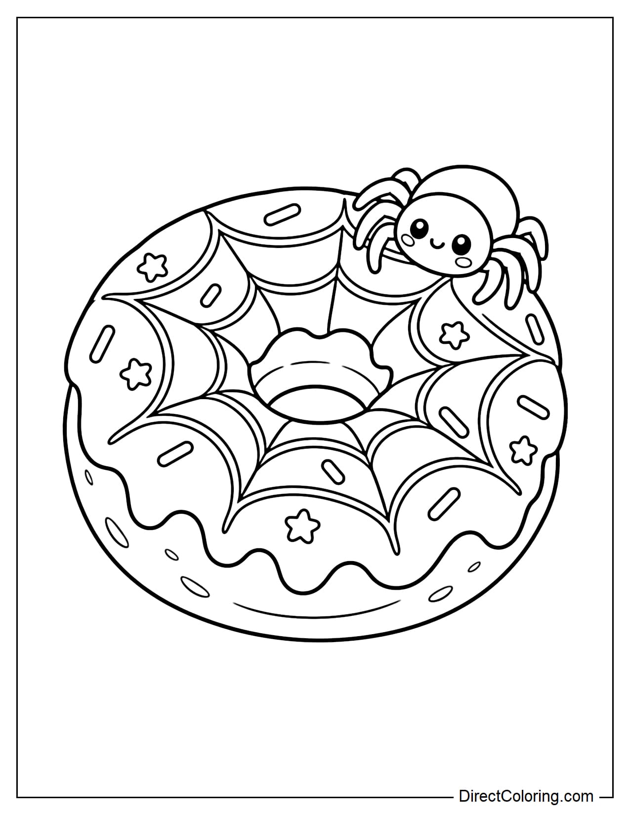 A giant donut covered with a wide layer of icing and a large spiderweb design spread across the surface. A cute little spider sits on the edge of the donut.