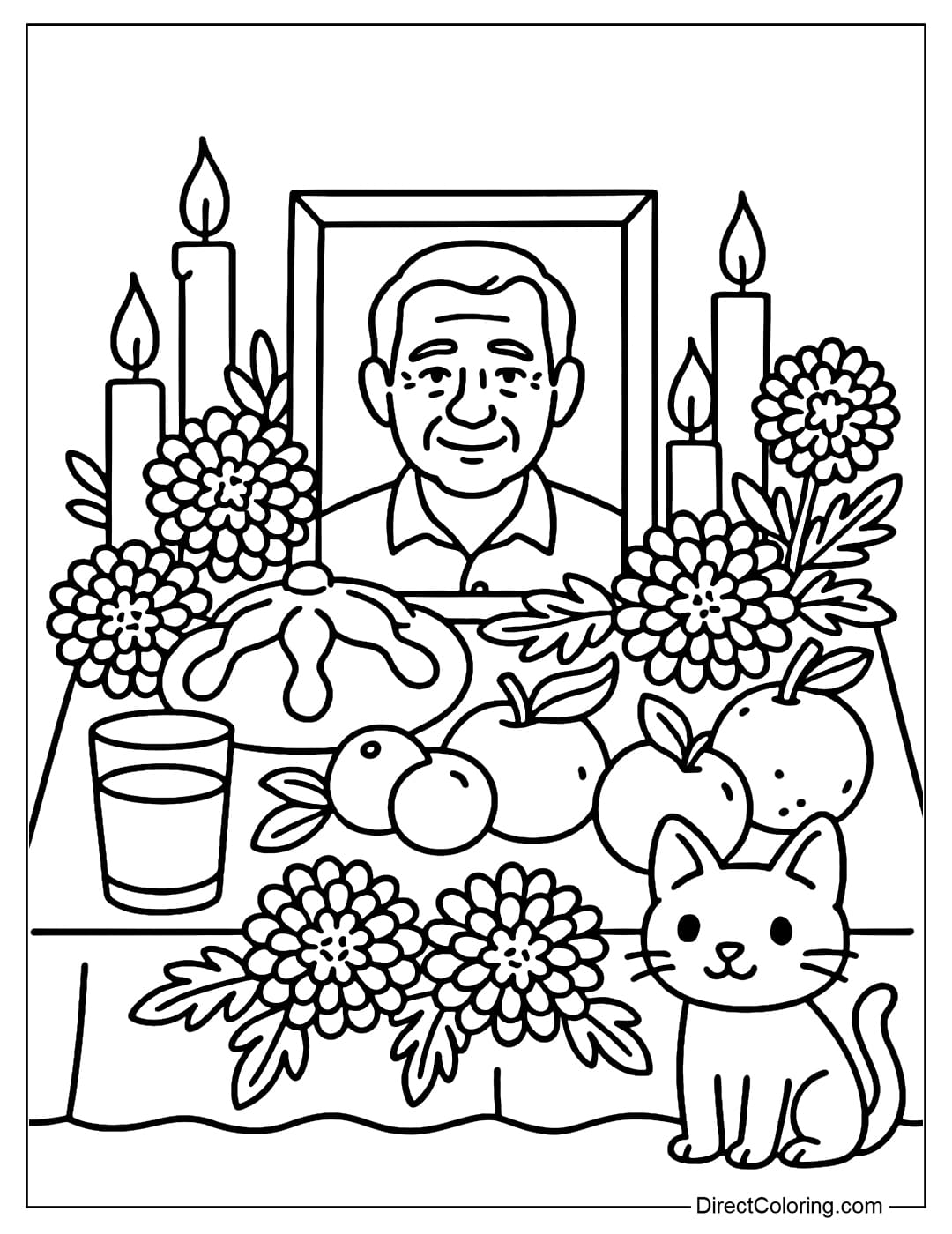 Coloring page of Día de los Muertos altar with ancestral photos, candles, Pan de Muerto cake, a glass of water, fruits and yellow daisies, with a small cat sitting next to it.