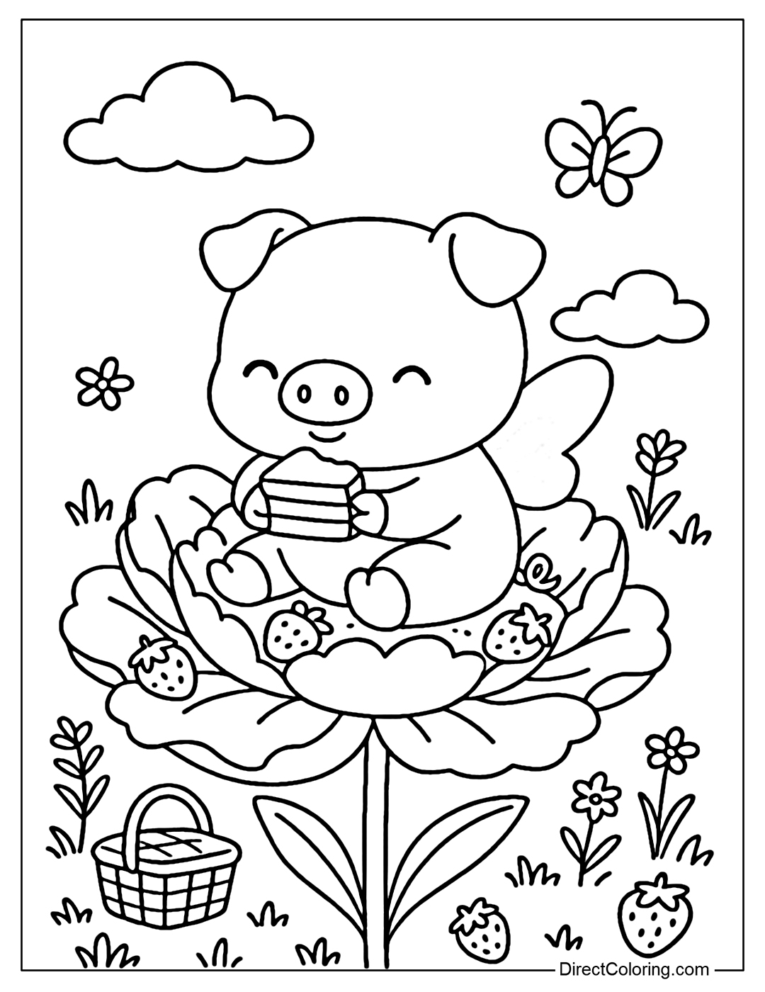 A cute pink piglet coloring page with transparent fairy wings bordered with gold, sitting on a giant peony flower eating cake.