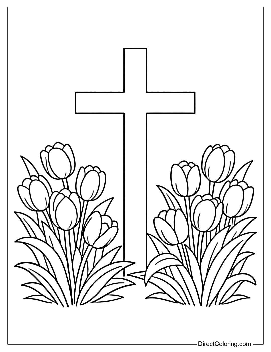 A cross coloring page featuring two clusters of spring tulips with long, soft leaves, creating a fresh feel.