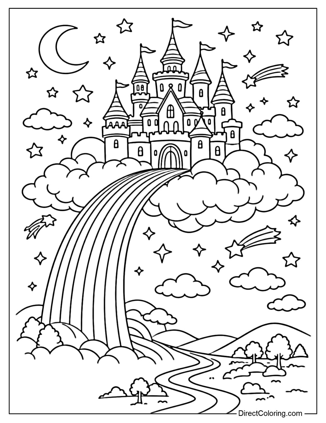 A coloring page of a fairytale castle nestled in the clouds, connected to the earth by a magical rainbow bridge.