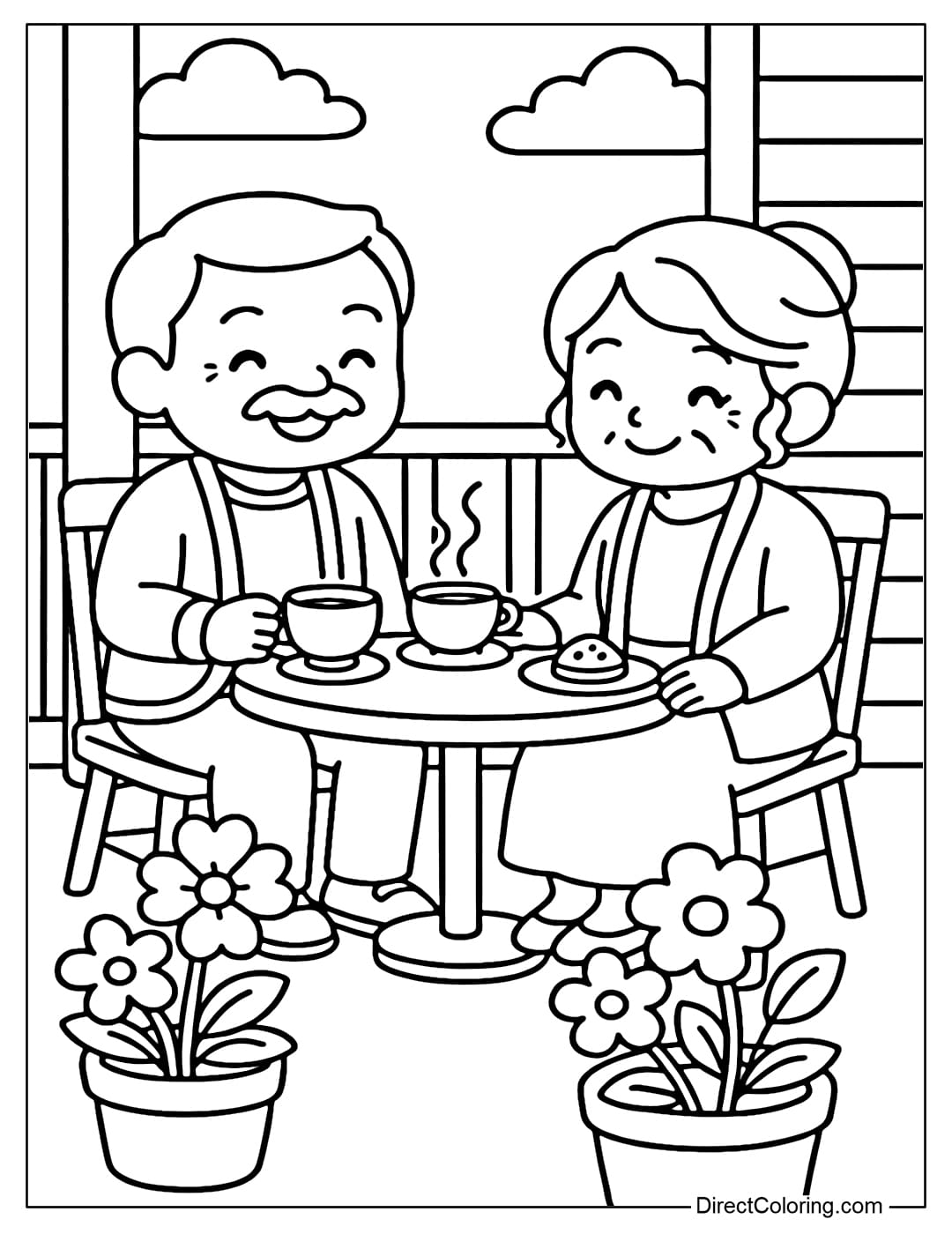 Coloring page of grandparents sitting on the porch, drinking tea and chatting, with a flower pot next to them.