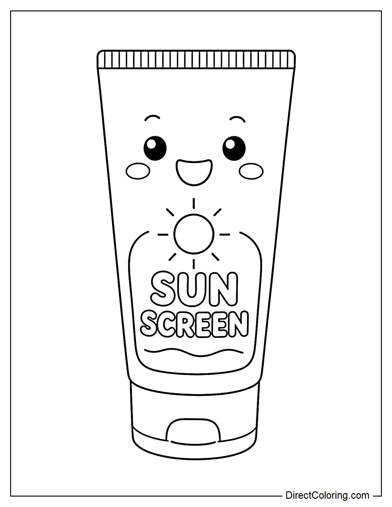 A sunscreen tube with a smiling face, a rounded tube body with the words 