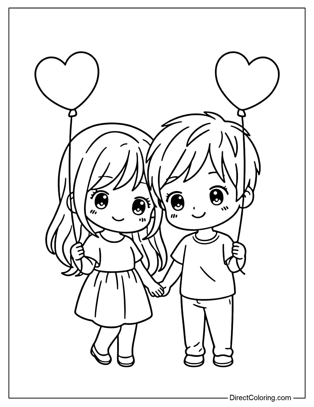 A coloring page of a chibi-style couple standing next to each other, holding heart-shaped balloons.