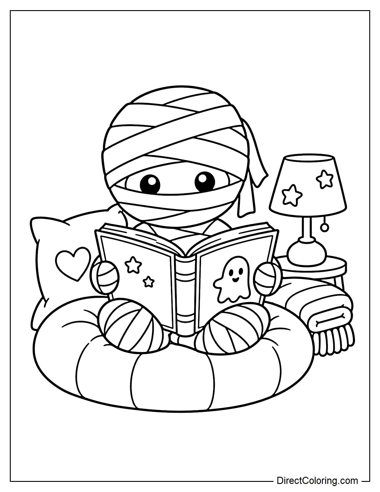 A small mummy is sitting on a round cushion in a cozy corner, carefully reading a large book, with a small lamp, a soft pillow, and a neatly folded blanket nearby.