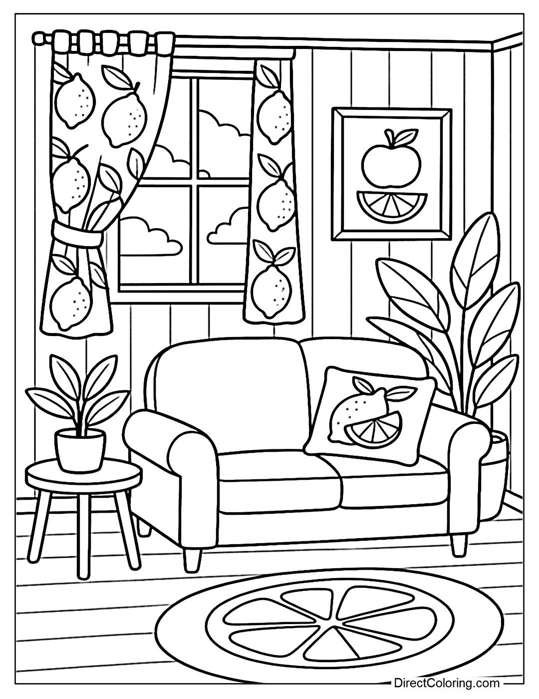 Coloring page of a summer room with lemon curtains, lemon flower pillows and fruit wall paintings.