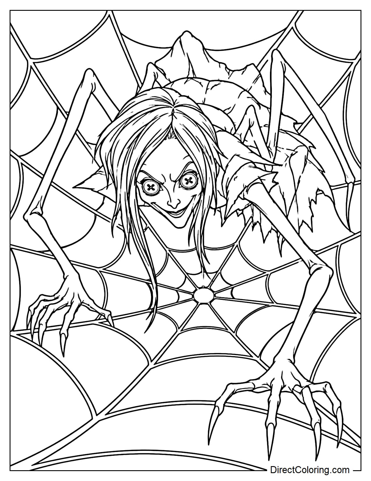 Beldam crawls across a large spider web with her long, spider-like body and elongated hands gripping the strands.