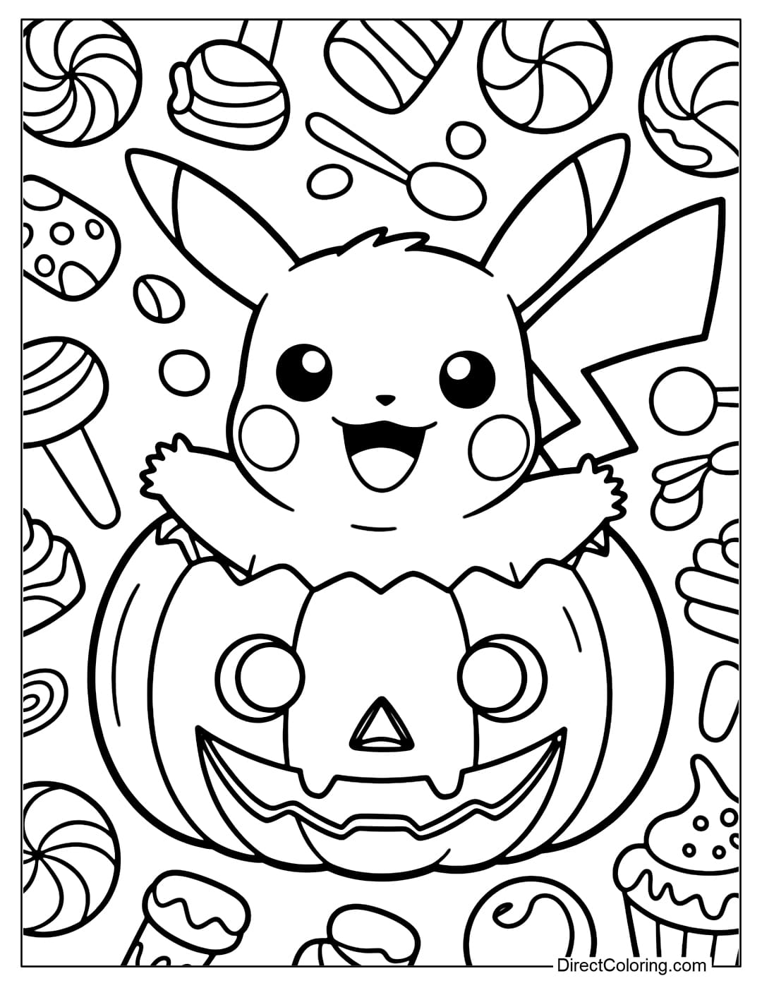 Pikachu coloring page coming out of a Halloween pumpkin, surrounded by lollipops, marshmallows and cakes.