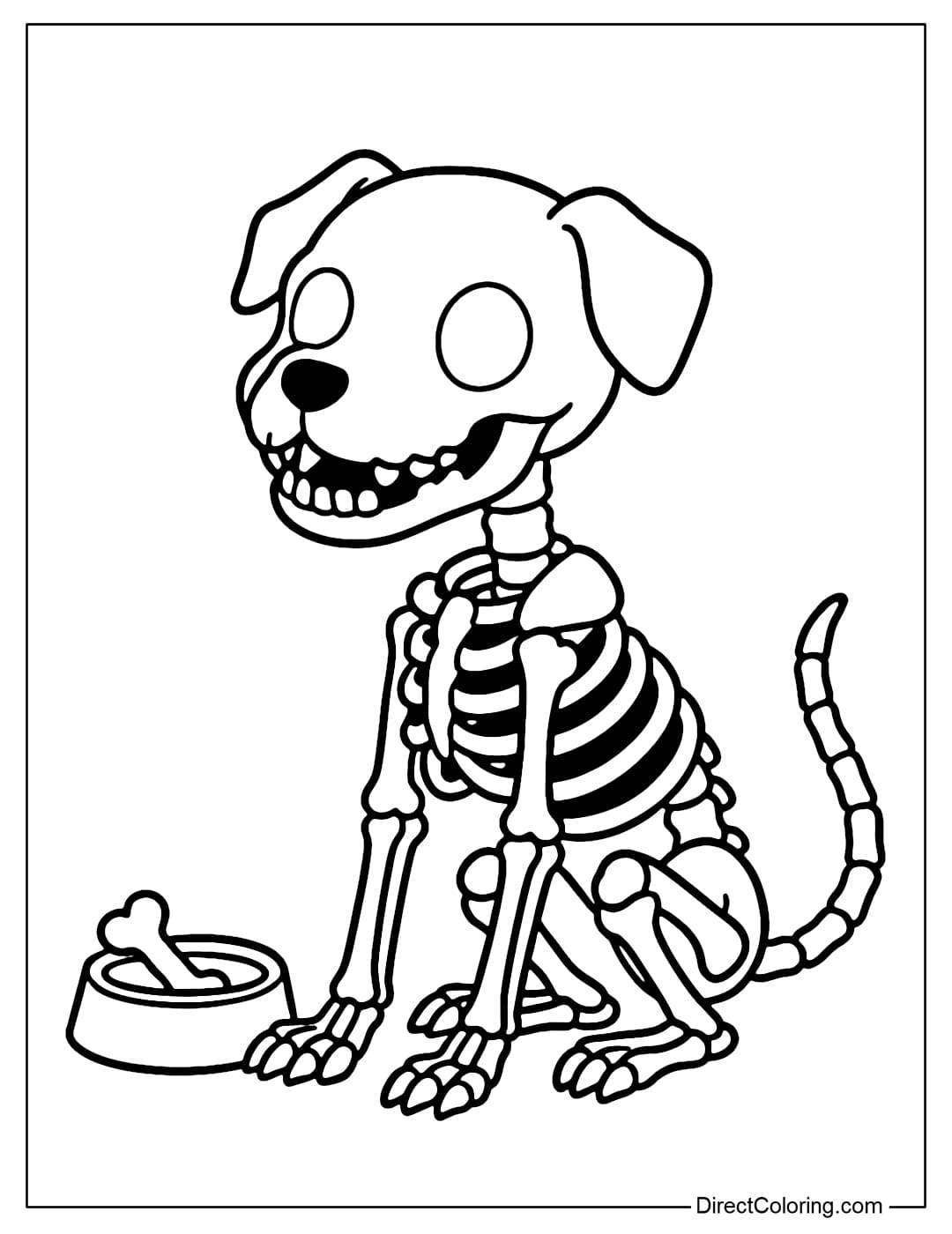 Coloring page of a cute skeleton dog, sitting wagging its tail, with a small bowl of bones next to it.