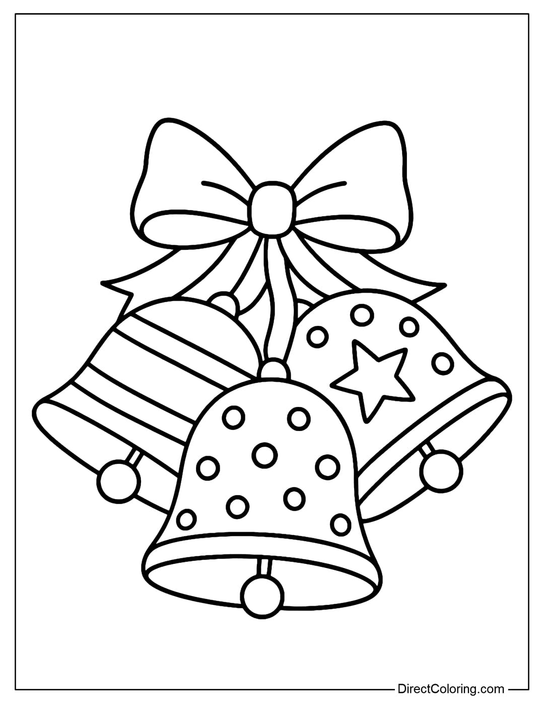 Coloring page of Jingle Bell Trio with 3 big bells, each bell has a different pattern. There is a common ribbon tied together.