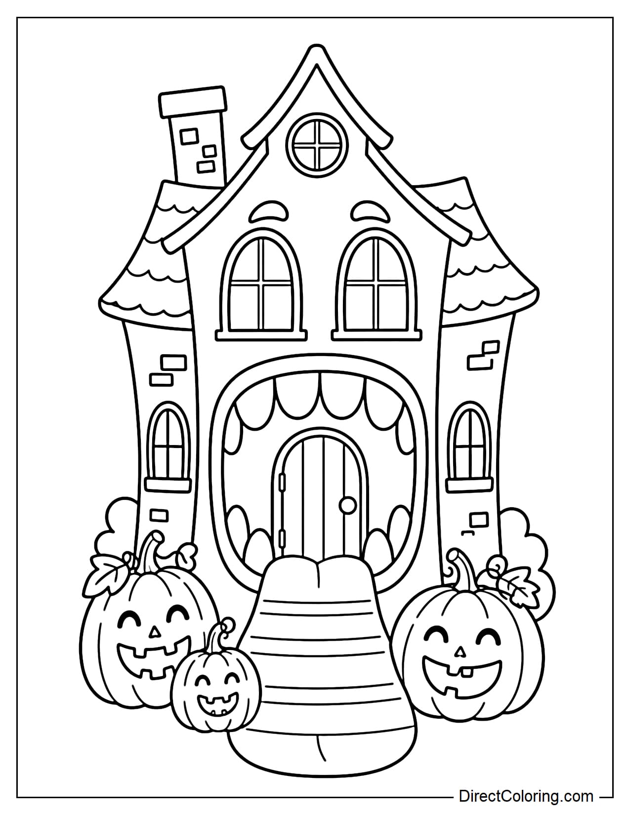 A haunted house has a giant monster-mouth front door with large rounded teeth and a curved tongue forming the front steps. Two upper windows look like eyes, with a few large pumpkins placed on either side.
