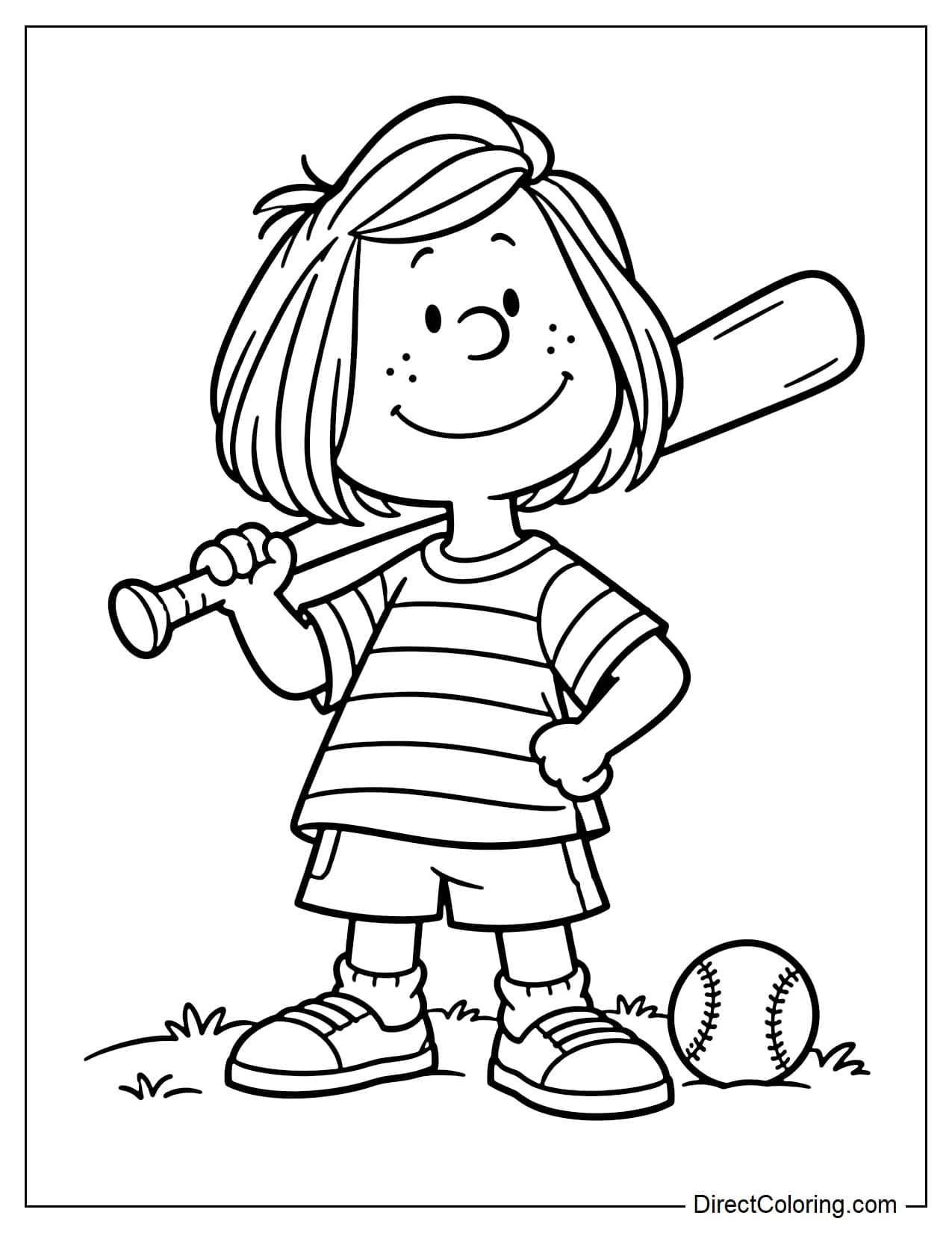 Peppermint Patty stands confidently with a baseball bat resting diagonally across her shoulder and her other hand on her hip. A small baseball lies near her feet.