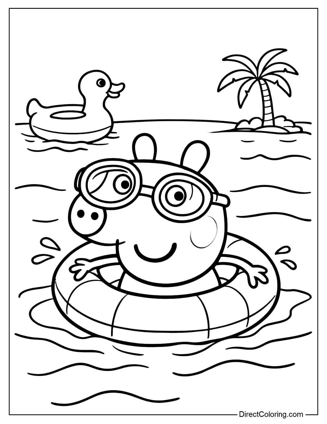 Coloring page Peppa Pig wearing cute swimming goggles, swimming in the lake with a large round swimming ring around her body.