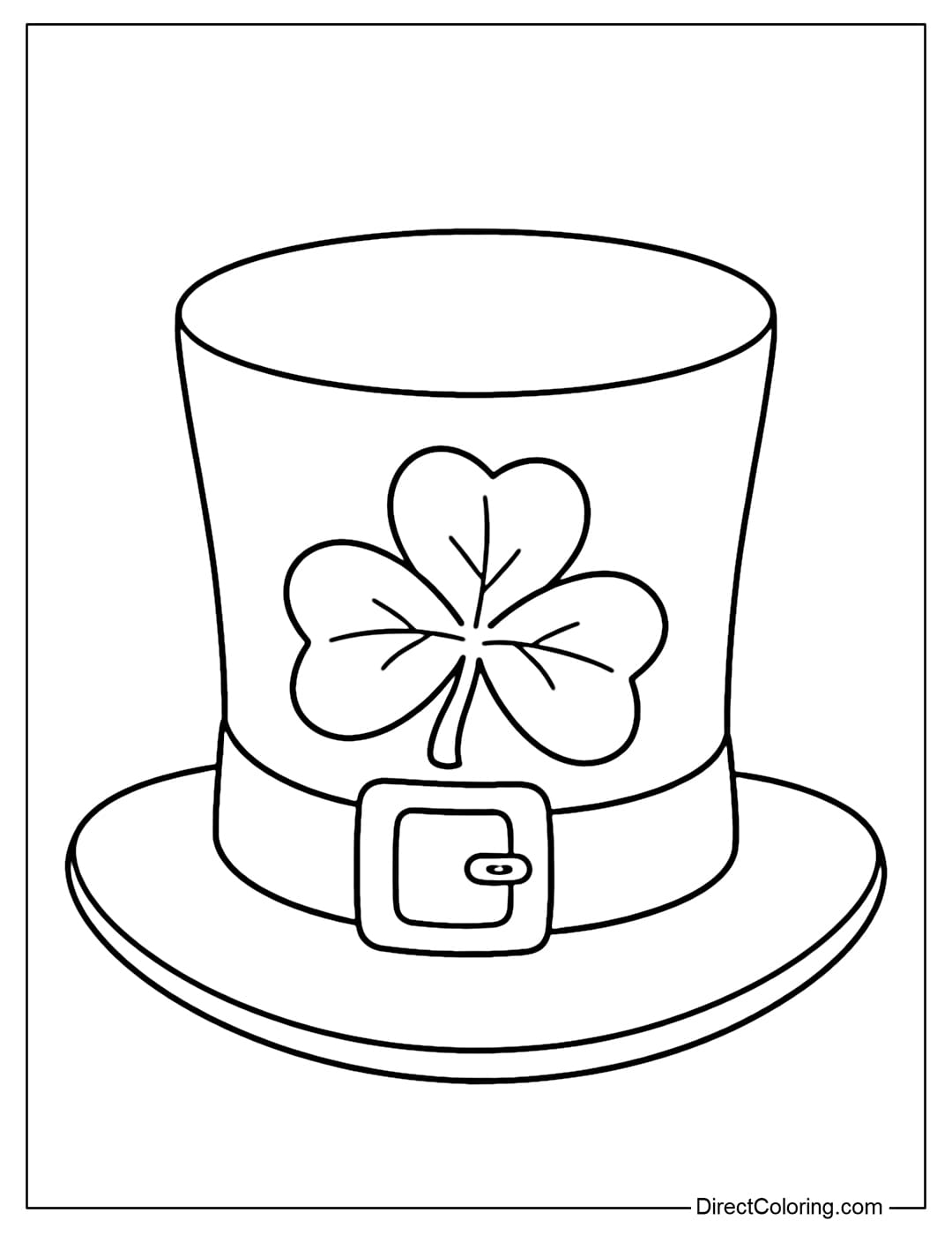 Coloring page of a traditional blue St. Patrick's Day hat with a shamrock attached to the front.