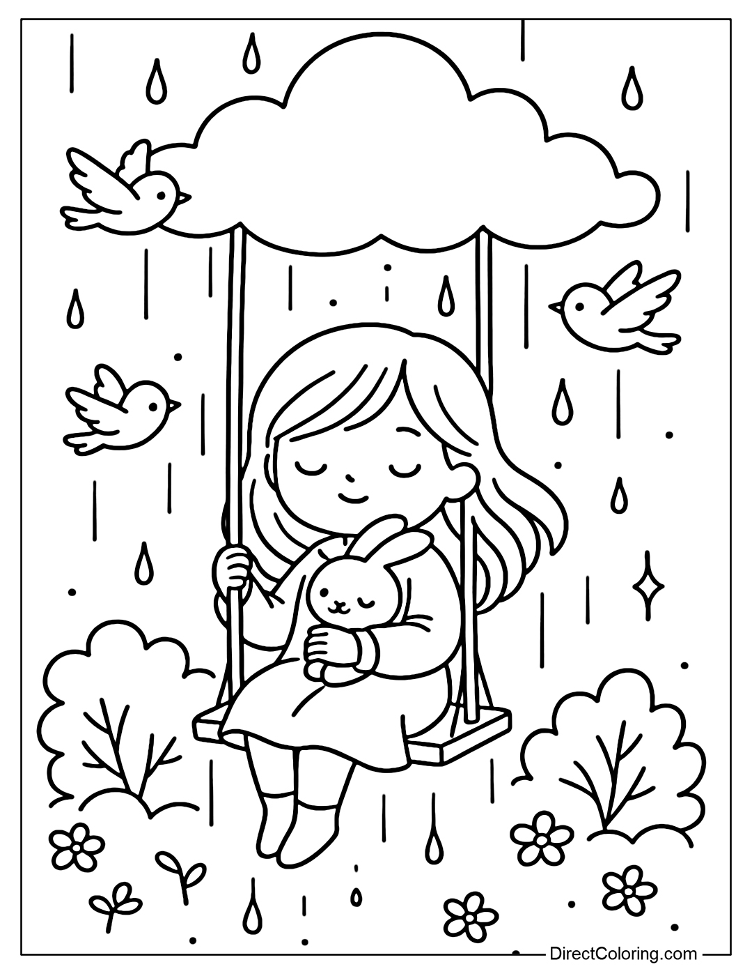 A coloring page of a swing hanging in the clouds, a girl is sitting and gently swinging in the rain, surrounded by birds flying slowly, with raindrops falling in sparkling chains.