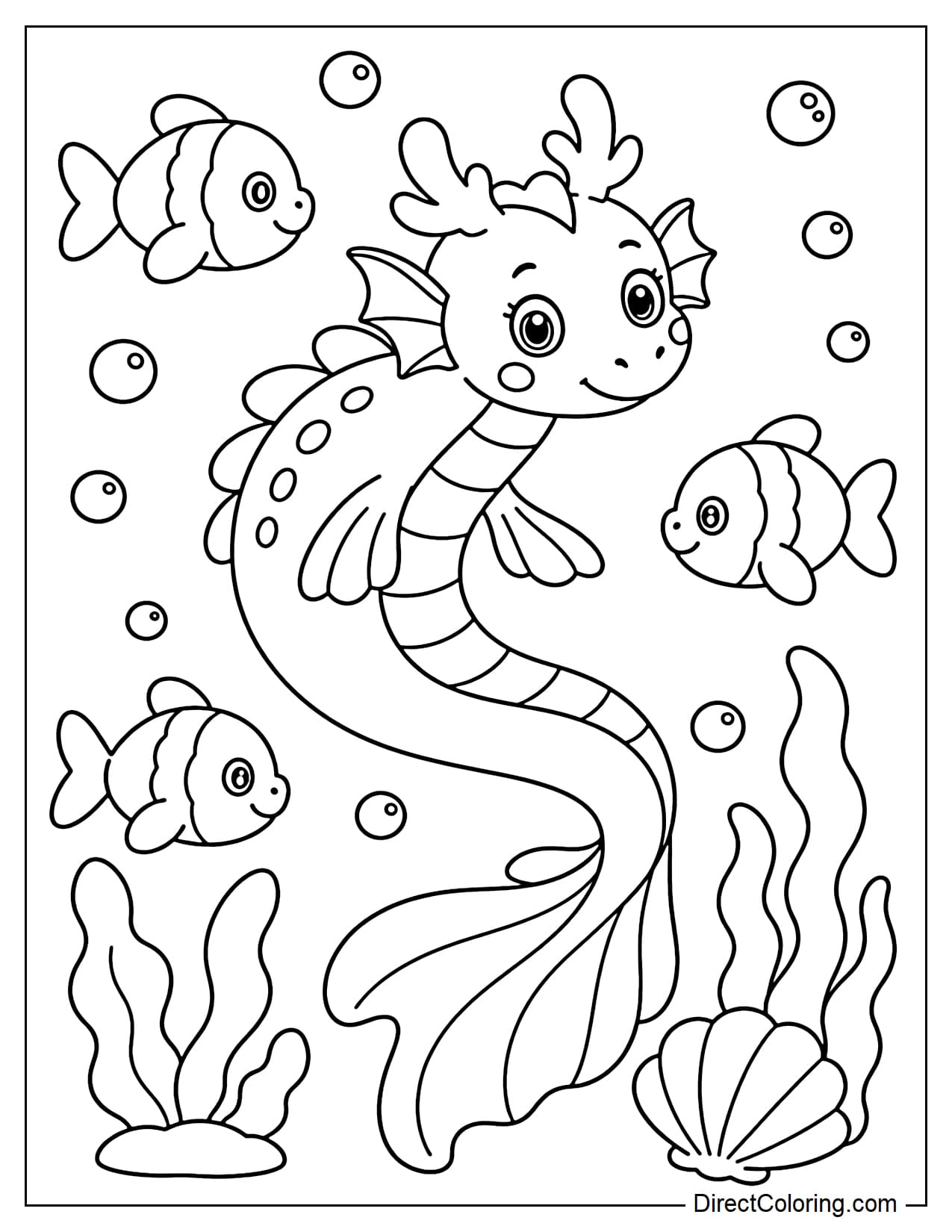 A water dragon is swimming in a curved pose under the sea, with a large fin-like tail, two small wings shaped like fish fins, and round horns. Around it are three large fish, bubbles, seaweed, and a seashell.