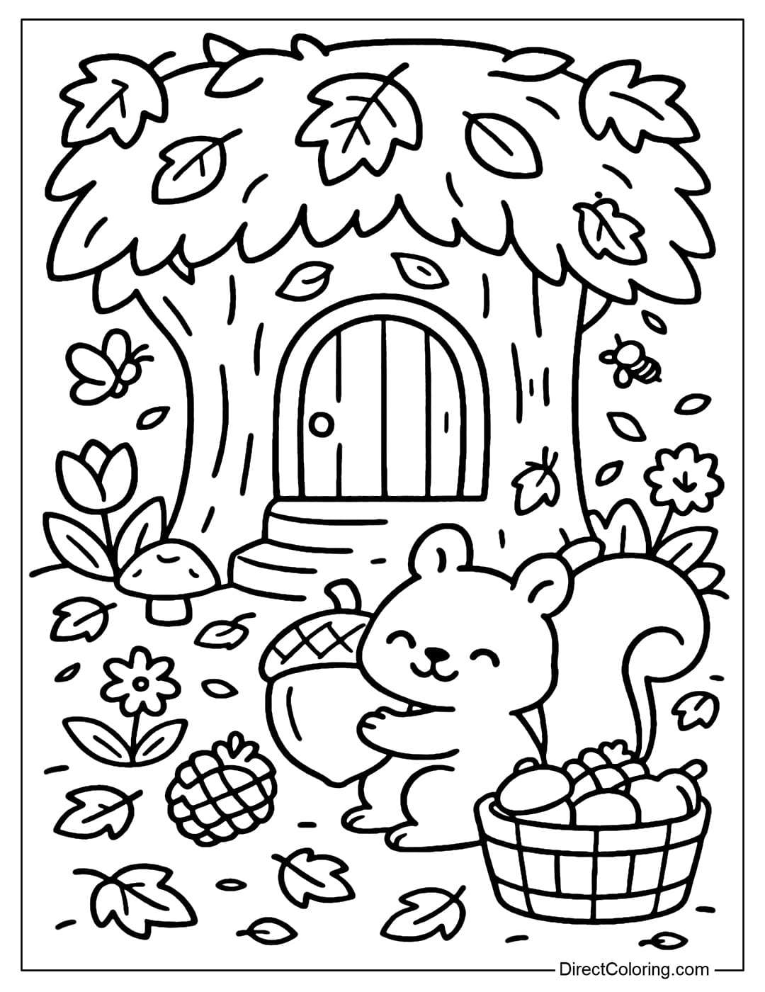 Autumn Stump Coloring Page Autumn tree stump coloring page, yellow leaves falling, squirrels holding chestnuts.