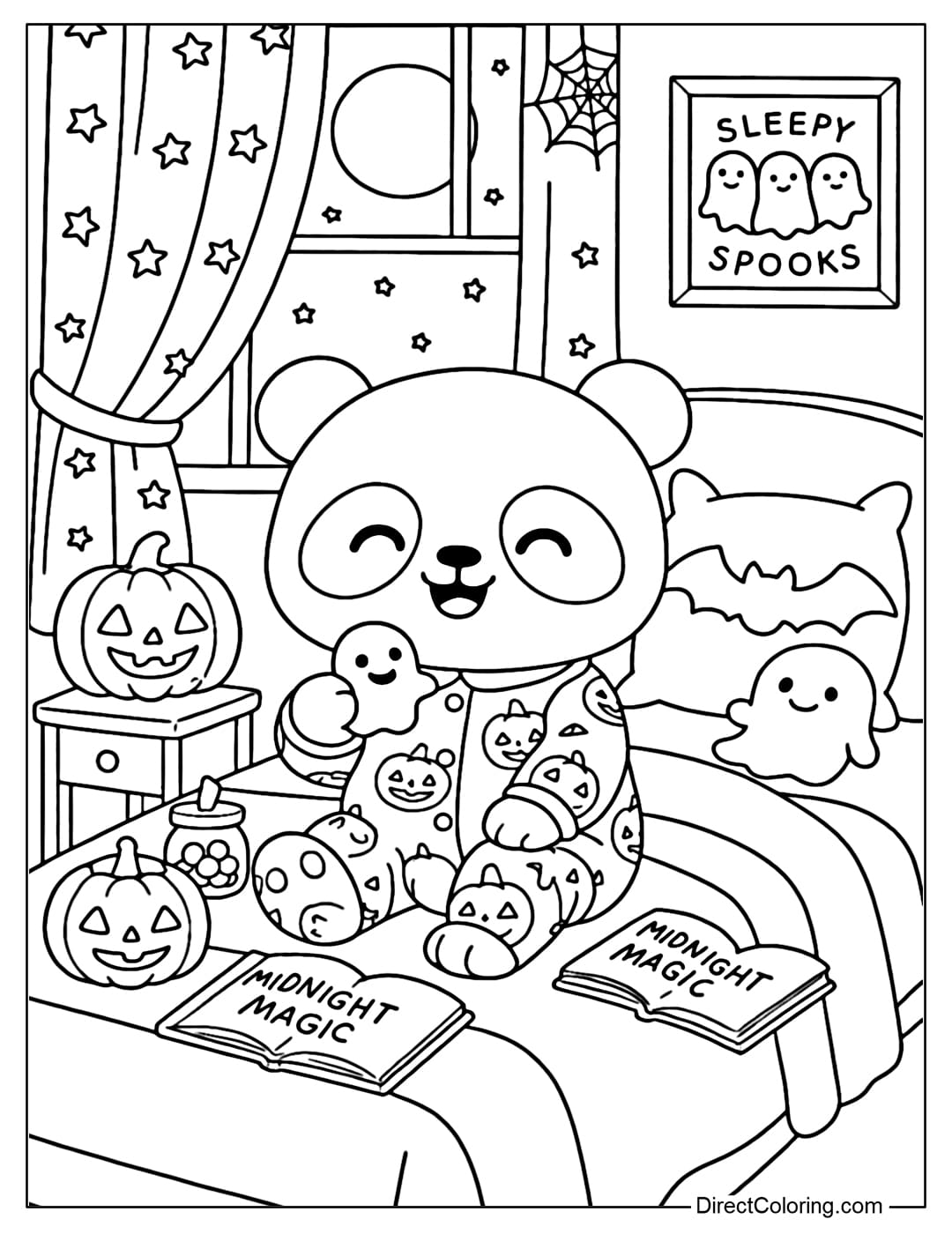 A little panda coloring page in a pumpkin pajama, sitting on the bed in a Halloween bedroom.