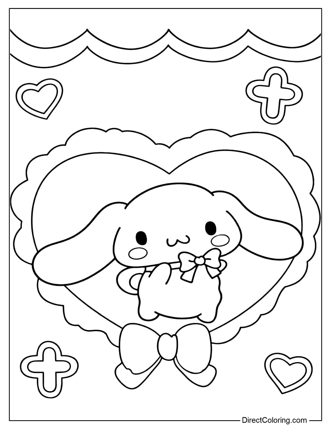 A cute Cinnamoroll coloring page with a bow standing in a heart-shaped frame bordered by clouds, surrounded by heart and plus signs.
