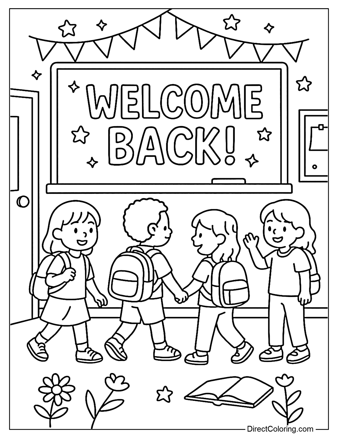 A bright classroom coloring page with a 