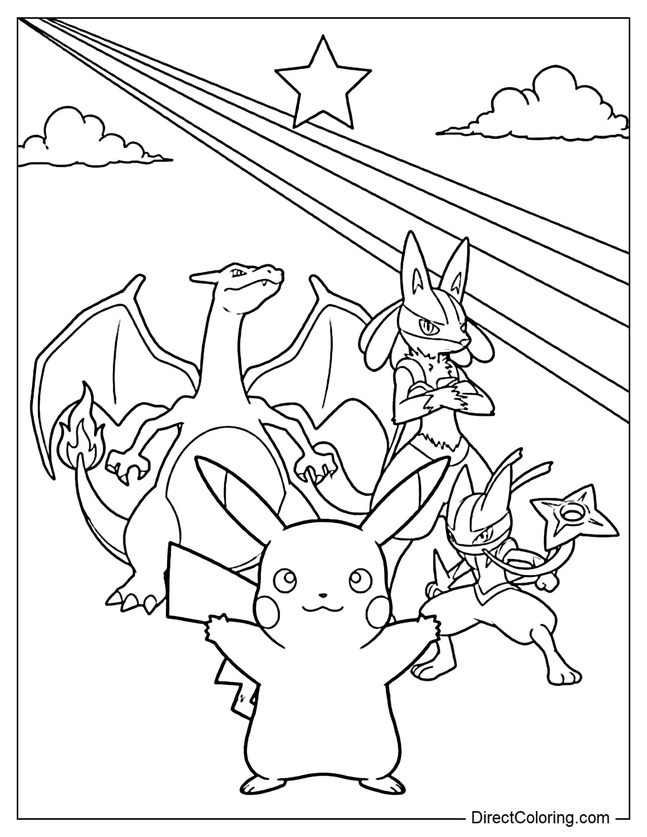 Pikachu stands in front, Charizard, Lucario, and Greninja pose confidently behind, surrounded by several rays of light, clouds, and a large star.
